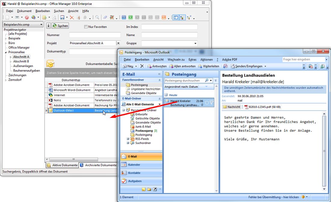 Dokumentenmanagement-Lösung »Office Manager Pro« archiviert direkt aus E-Mail heraus (Bild: Softwarebüro Krekeler)