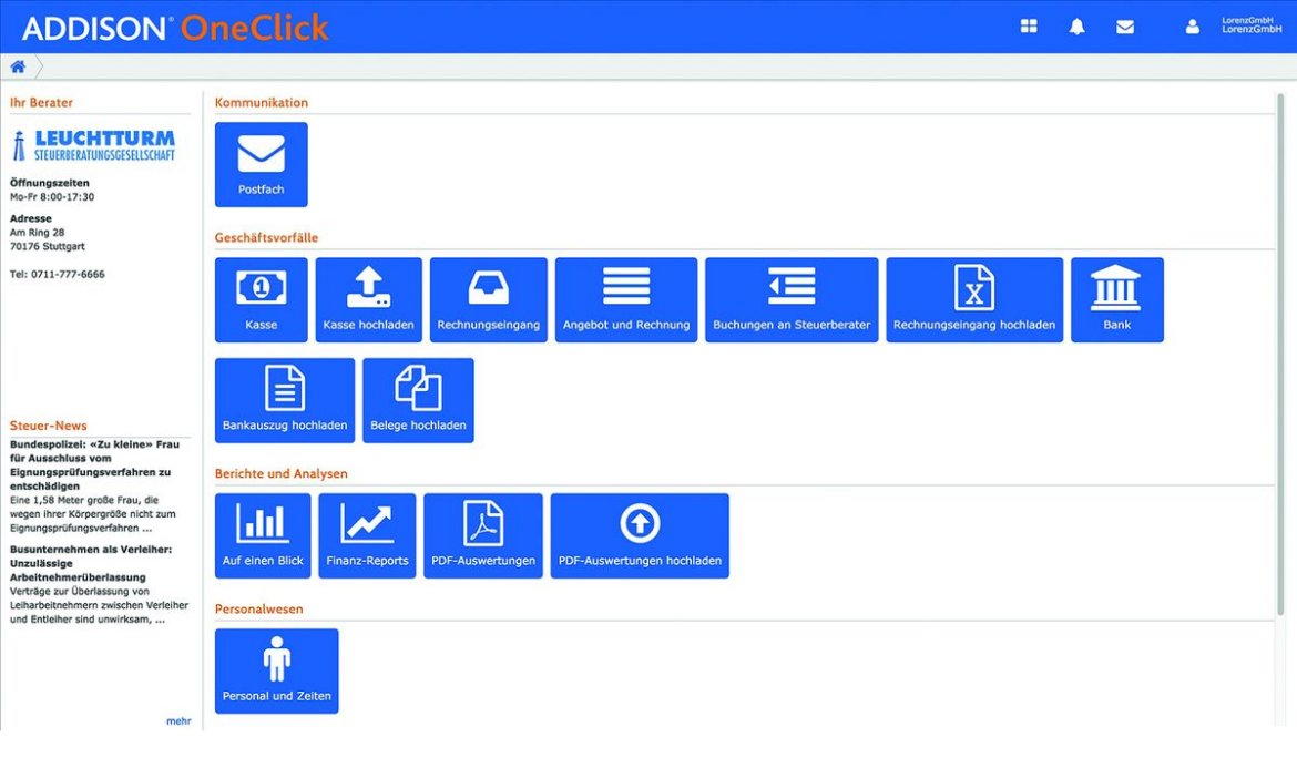 Mandanten-Startbildschirm des Collaboration-Portal »Addison OneClick« (Bild: Wolters Kluwer)