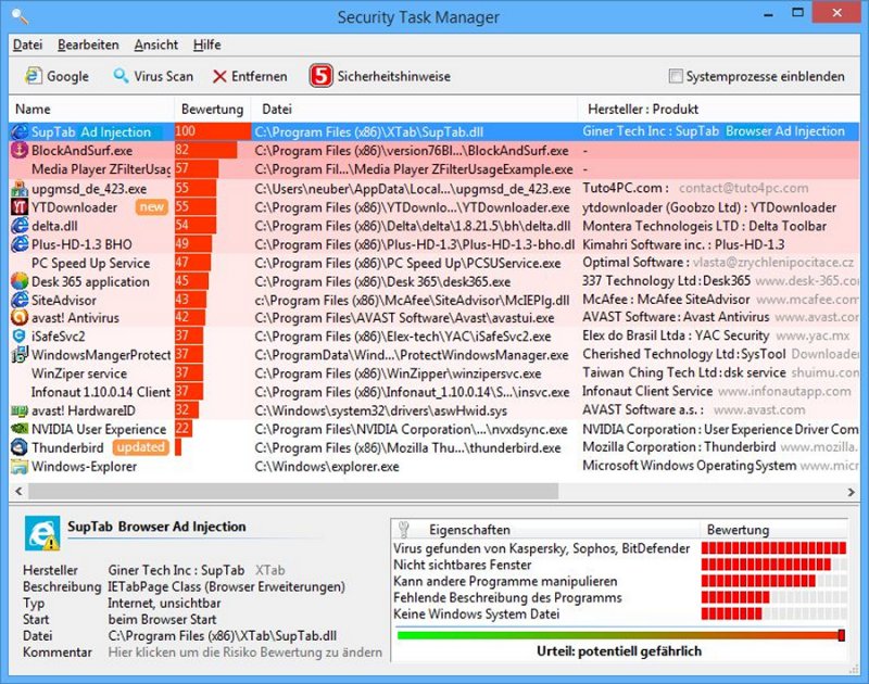 Was wirklich hinter den Kulissen auf einem PC passiert – »Security Task Manager 2.0« zeigt es (Bild: A. & M. Neuber Software)