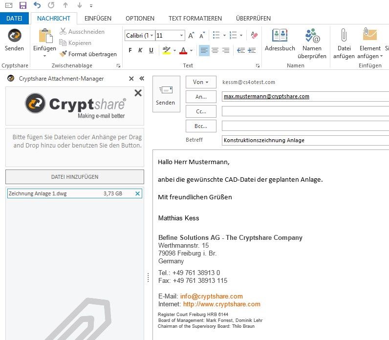 »Cryptshare for Outlook«: hier wird jetzt mit einem mehrere GByte großen Anhang gesendet (Bild: Befine Solutions)