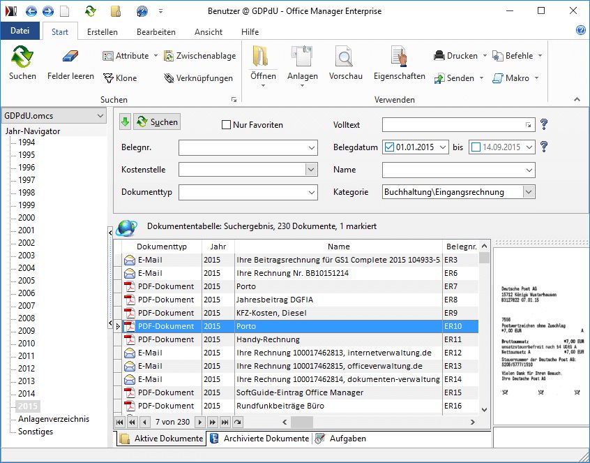 Archivansicht der Dokumentenmanagement-Lösung »Office Manager« unter Windows 10 (Bild: Softwarebüro Krekeler)