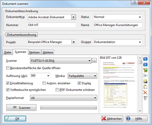 Das Programm-Dialogfenster von »Office Manager« zum Scannen der Papierbelege (Bild: Softwarebüro Krekeler)