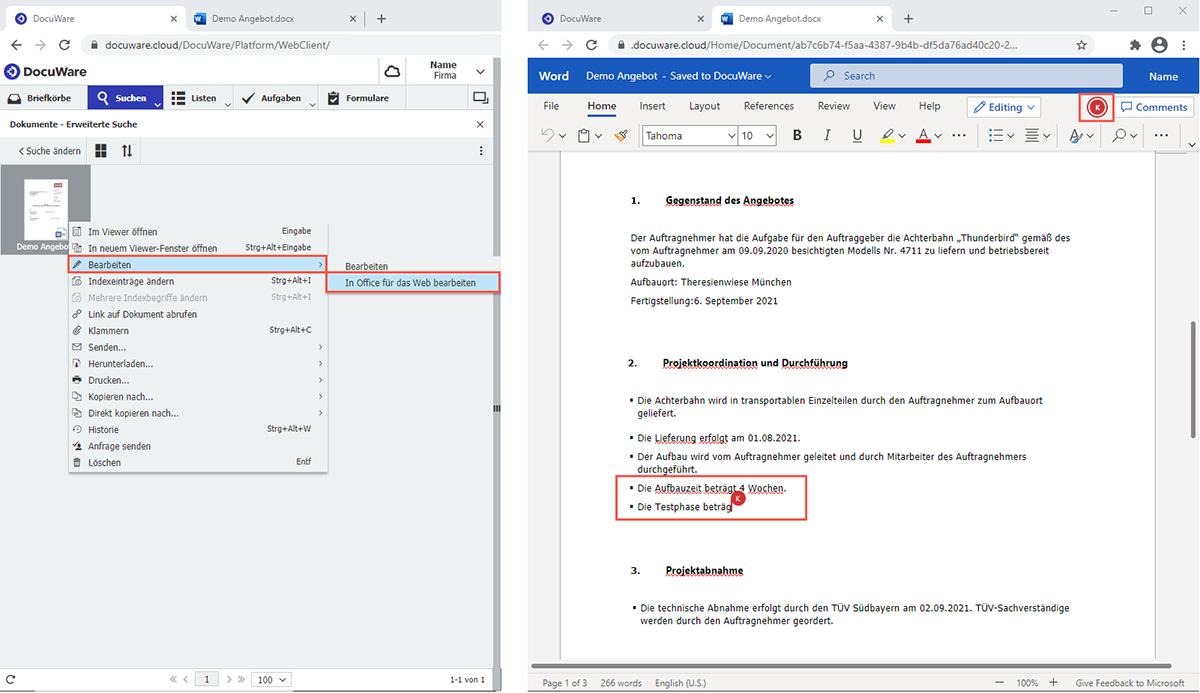 Bei der Online-Bearbeitung in Office wird das Dokument in einem neuen Browser-Tab geöffnet und mehrere Nutzende können gleichzeitig am Dokument arbeiten (Bild: Docuware)