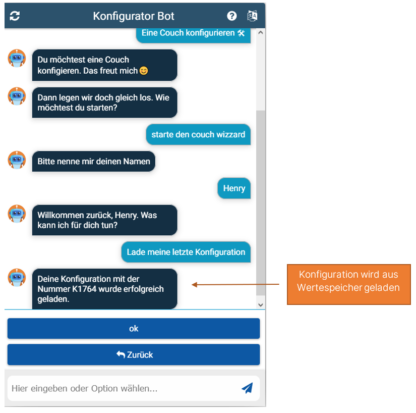 Datenaustausch mit dem Wertespeicher während eines Chatbot-Dialogs (Bild: USU Software)