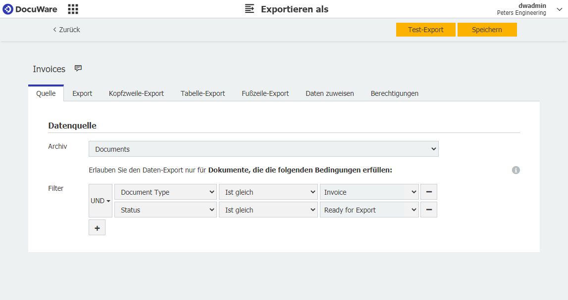 Beispiel für ein Filterpaar von Bedingungen: Ein Archiv und die Dokumente, deren Indexdaten exportiert werden sollen, lassen sich hier auswählen (Bild: Docuware)