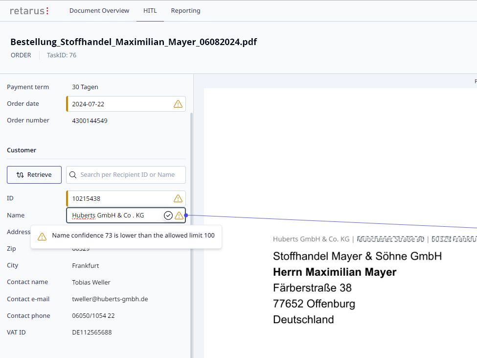 Bei Zweifel an den Daten markieren die KI-Technologien die zur einfachen Überprüfung durch einen Menschen - so wie hier den Firmennamen in der linken Spalte. (Screenshot: Retarus)