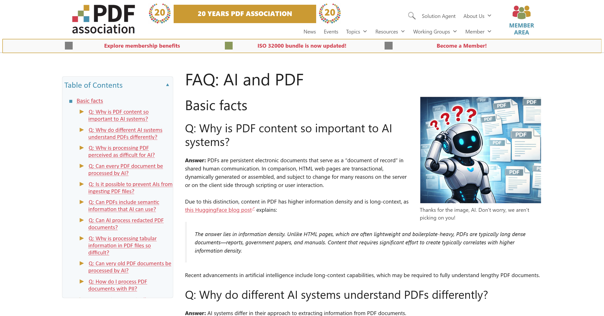 Englische FAQ-Seite zu KI und PDFs (Screenshot: PDF Association)