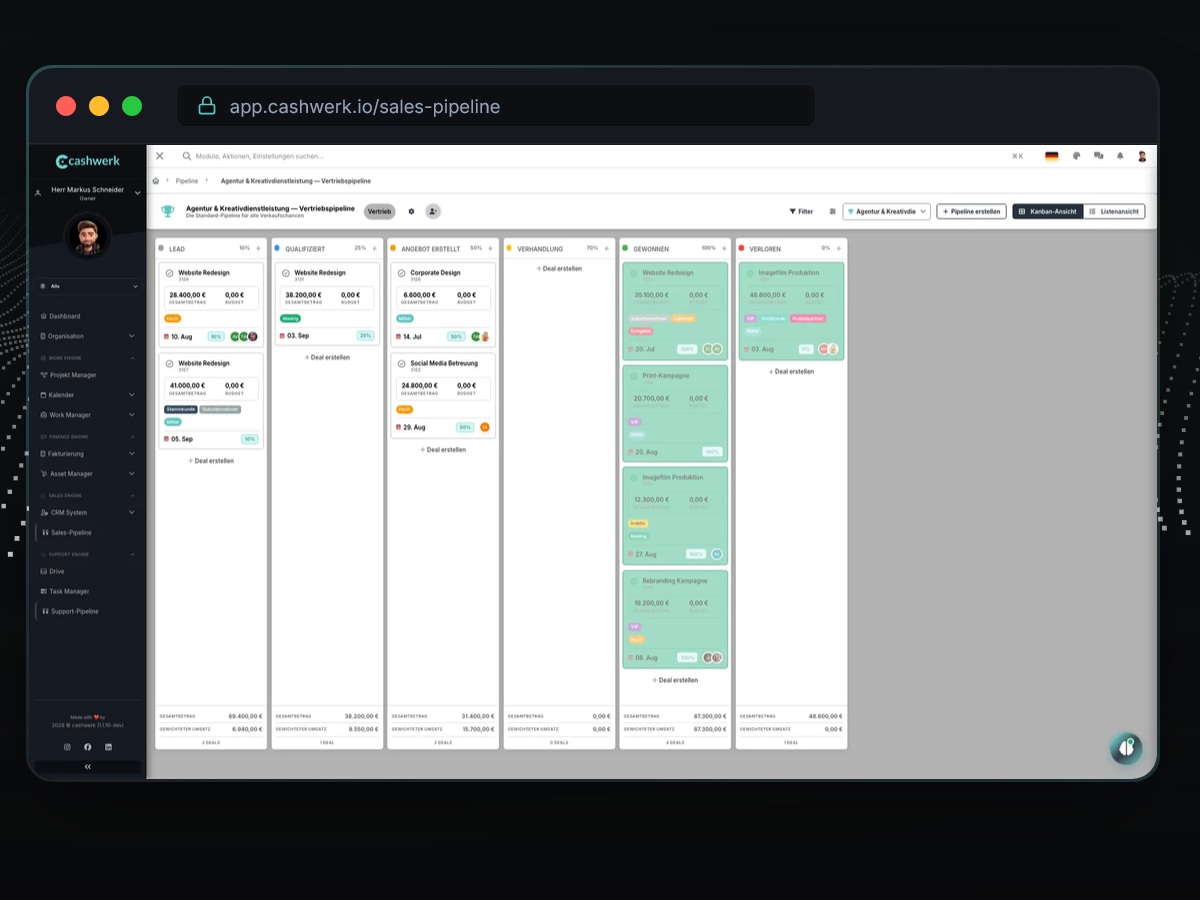 Das Modul Sales Pipeline ergänzt die Workflow-Plattform cashwerk.io (Bild: Screenshot A.Stadler)