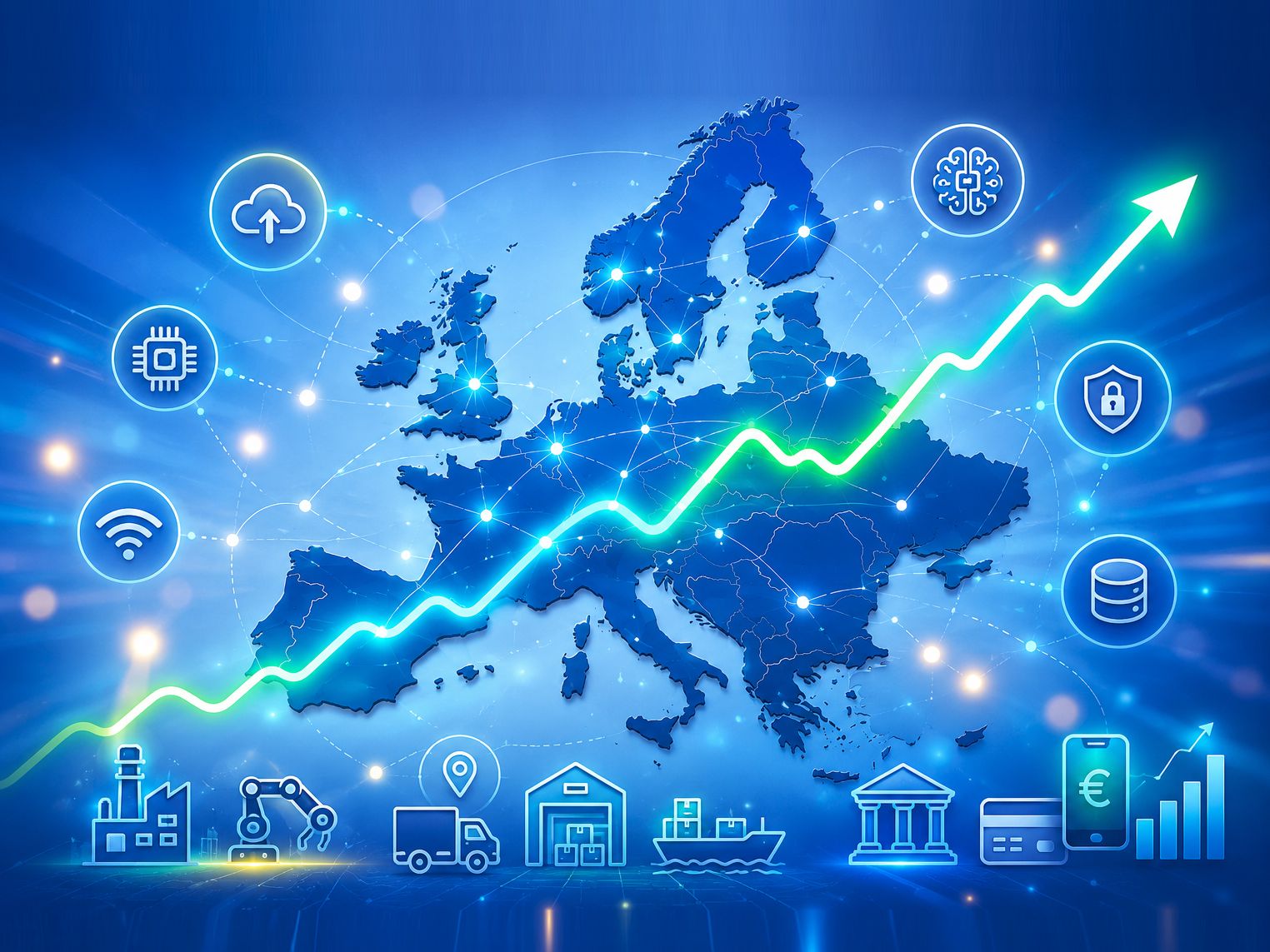 Karte von Europa mit quer darüber verlaufender, zackiger Kurve und Symbolen für Digitalisierung (Grafik: Peter Marwan mit ChatGPT)