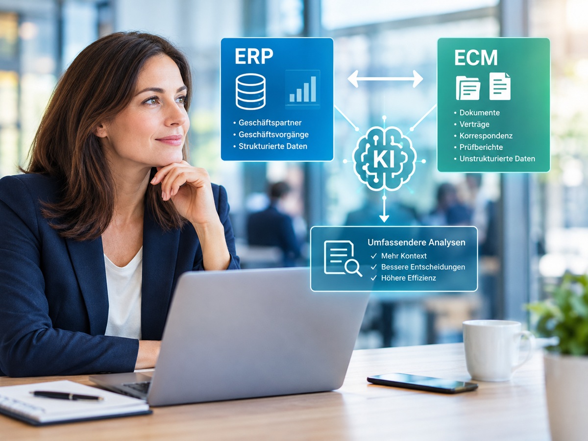 Erhöhter Mehrwert durch KI bei gekoppelten ECM- und ERP-Systemen (Bild: KI-generiert)