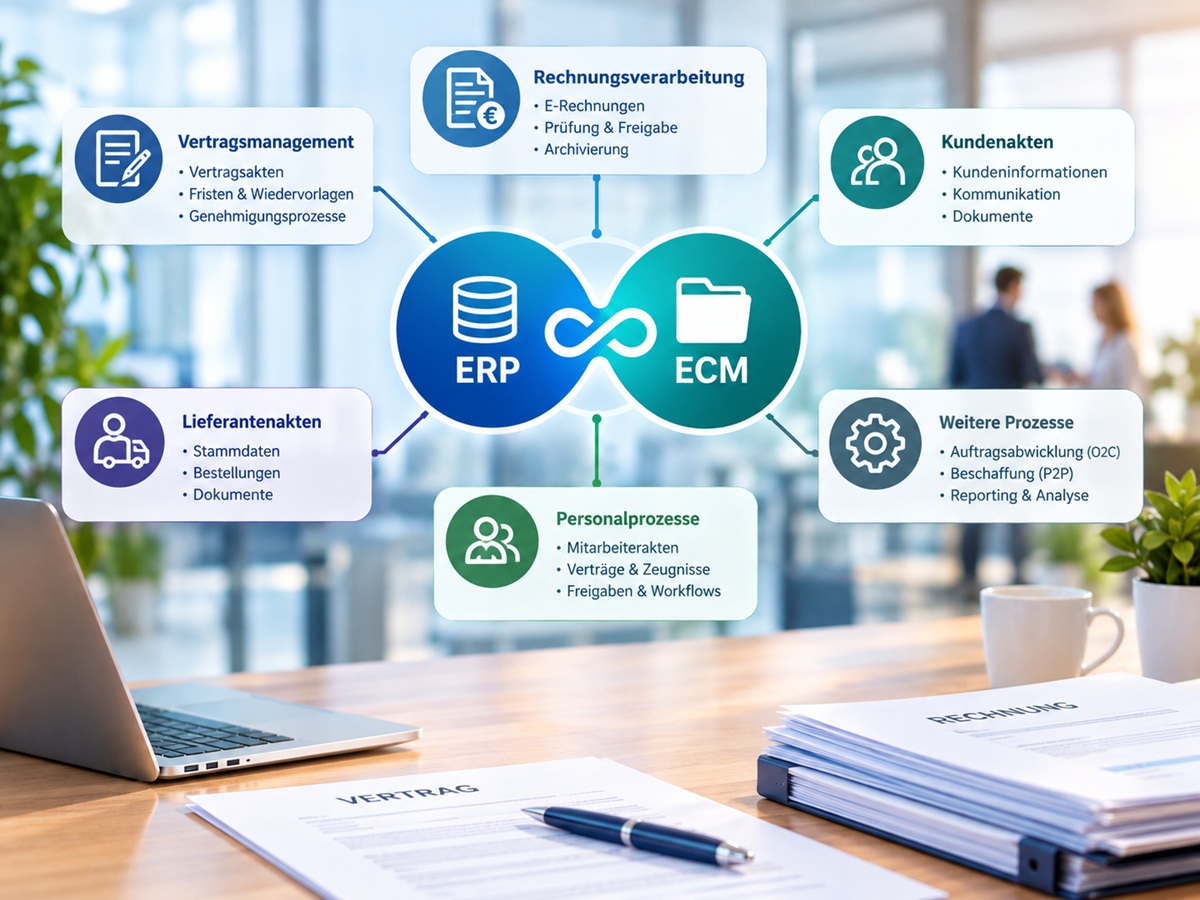 ECM-ERP-Integrationen bilden die Basis vieler digitaler Geschäftsprozesse (Bild: KI-generiert)